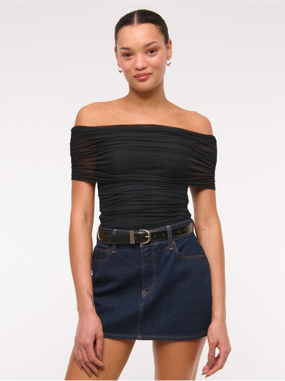NEW Abercrombie and Fitch Mesh Off Shoulder Bodysuit Ruched Black Medium